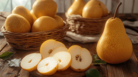 Fresh ripe pears in basket on wooden table, closeup viewの素材
