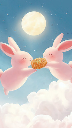 Cute rabbits holding a pastry in the moonlight.の素材