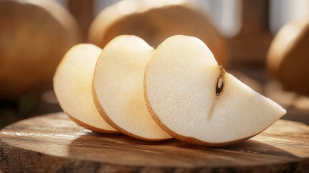 Sliced ripe pears on wooden board, closeup viewの素材