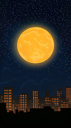 Night cityscape with full moon and stars. Vector illustration. Eps 10の素材