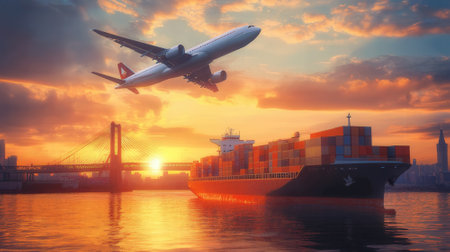 Container Cargo freight ship with working crane bridge at sunset for Logistic Import Export backgroundの素材