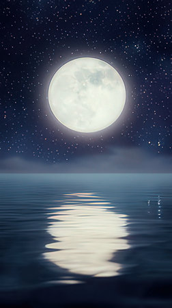 Full moon in the night sky reflected in the water. 3d illustrationの素材