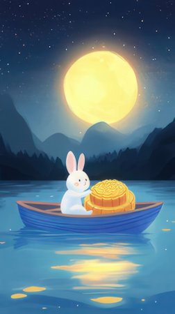 Illustration of a rabbit in a boat with a moon and a mooncakeの素材