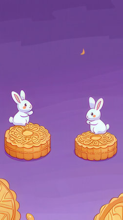 Illustration of Two Cute Rabbits Sitting on Top of Mooncakesの素材
