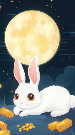 Cute white rabbit on a background of the full moon and gold barsの素材