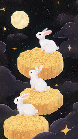 Rabbits on the mooncake. Cute cartoon characters on the moonlight background.の素材