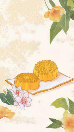Mid-Autumn Festival moon cake and flower background. Chinese traditional dessert.の素材