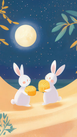 Cute bunnies holding gold coins in front of the moonの素材