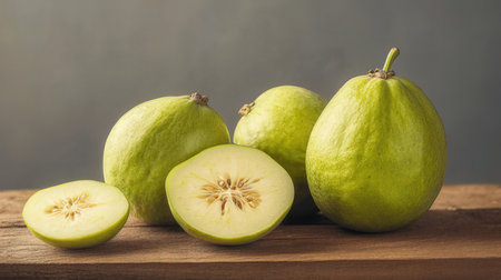 Guava fruit on wooden table. Green guava fruit on wooden background.の素材