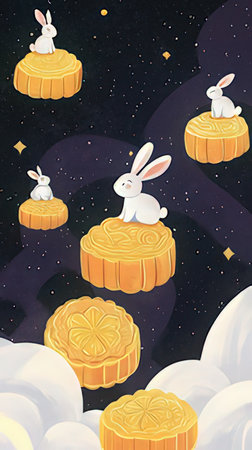 Chinese mid autumn festival, mooncake and bunnies, illustrationの素材