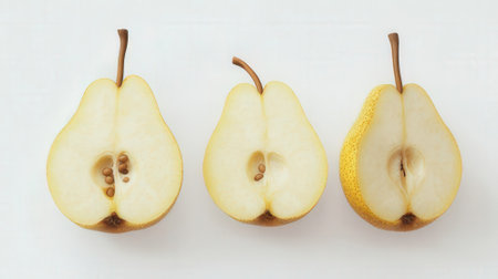 Ripe yellow pears on a white background, top view.の素材