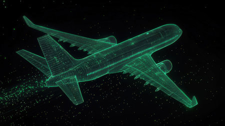 3d rendering of a polygonal airplane on a dark backgroundの素材