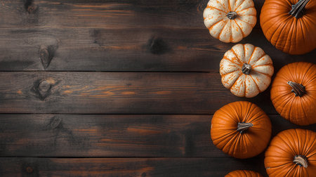 Autumn pumpkins on wooden background. Top view with copy spaceの素材