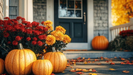 Autumn still life with pumpkins and flowers in front of a houseの素材