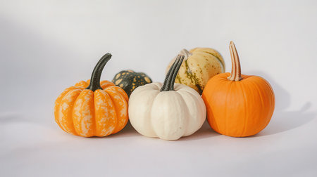 Colorful pumpkins isolated on white background. Halloween and Thanksgiving concept.の素材