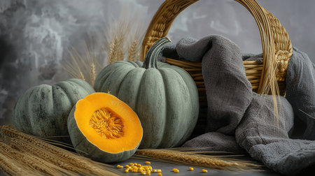 Autumn still life with pumpkins and ears of corn on a gray backgroundの素材