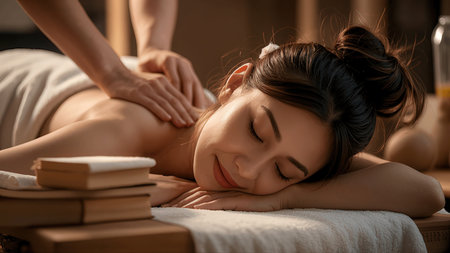 Beautiful young woman lying on massage table with books in spa salonのeditorial素材