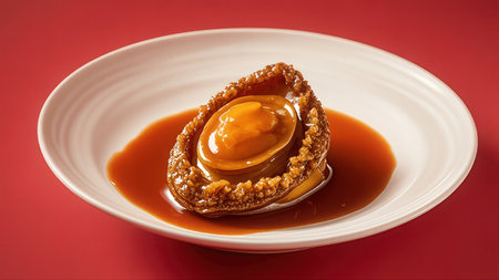 Egg yolk in a white plate on a red backgroundの素材