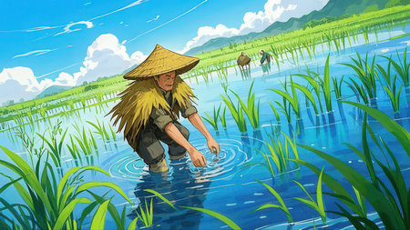 Illustration of a farmer working on rice field in the countryside.の素材