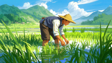 Illustration of a farmer working on a rice field in the countrysideの素材