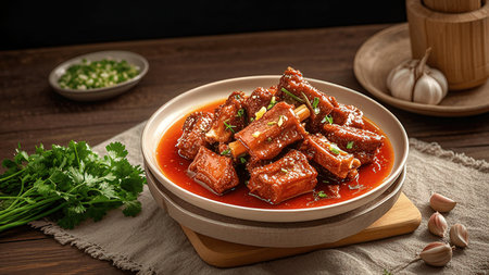 Braised pork ribs with sweet and sour sauce in bowl on wooden tableの素材