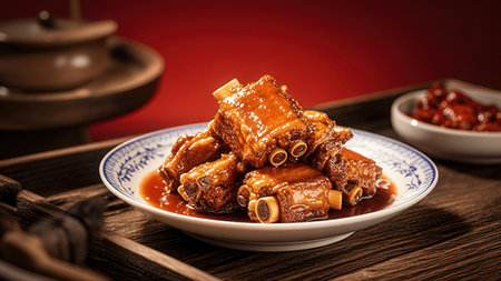 Braised pork ribs in soy sauce, Chinese cuisine, closeupの素材