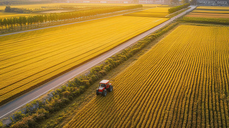 Aerial view of tractor spraying pesticides on field of sunflowersの素材