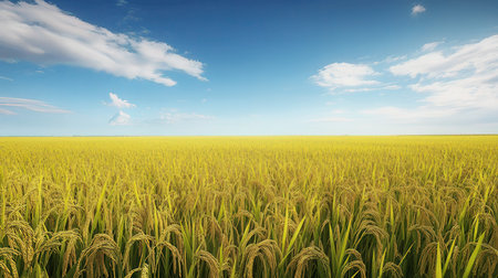Rice field with blue sky and white clouds. 3d renderingの素材
