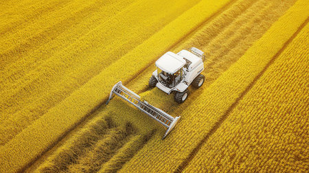 Aerial view of combine harvester working on the large wheat fieldの素材
