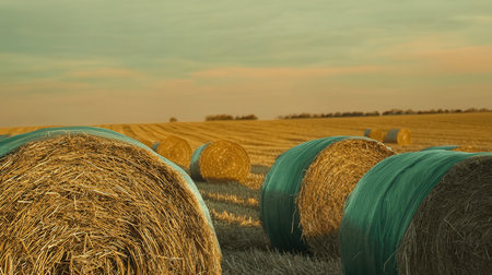 Straw bales on the field at sunset. Agricultural landscape.の素材