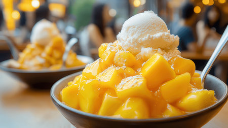Mango ice cream with mango in a bowl on the table.の素材