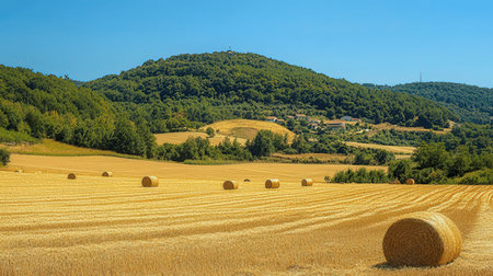 Harvested field with straw bales in Tuscany, Italyの素材