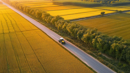 Aerial view of tractor on the road in the field. Tractor on the road.の素材
