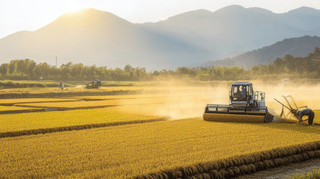 Harvesting rice in the morning at Yunnan province, China.の素材