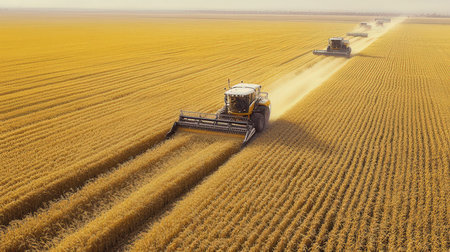Aerial view of combine harvester working on large wheat fieldの素材