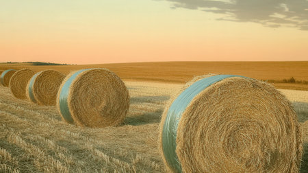 Straw bales on the field at sunset. Agricultural landscape.の素材