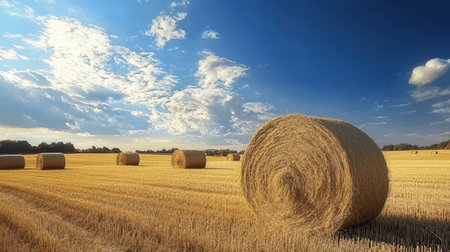 Straw bales on the field under blue sky with white cloudsの素材