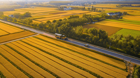 Aerial view of the road through the agricultural fields in Poland.の素材