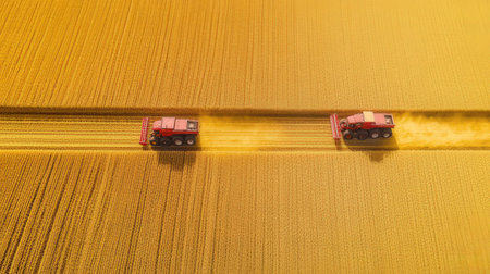 Aerial view of combine harvester working on the large wheat fieldの素材