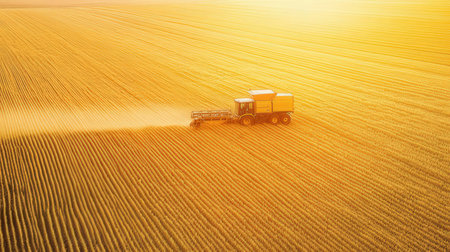 Aerial view of combine working on the large wheat field at sunsetの素材