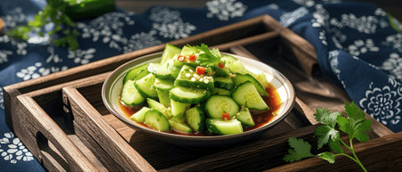 Sliced cucumber salad with sesame seeds in a bowlの素材