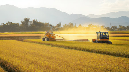 Harvesting of rice in the field with a combine harvesterの素材