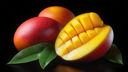 Mango fruit with leaves on black background, clipping path included.の素材