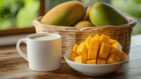 Mango and milk on the wooden table with a natural background.の素材