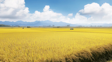 Rice field with blue sky and white cloud, agricultural background.の素材