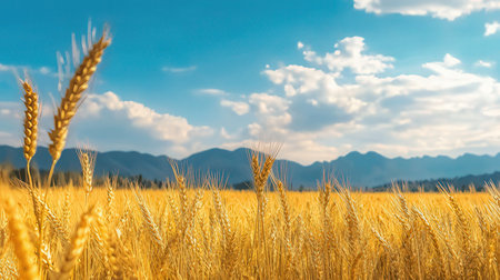 Golden wheat field and blue sky with clouds. Beautiful nature landscape.の素材