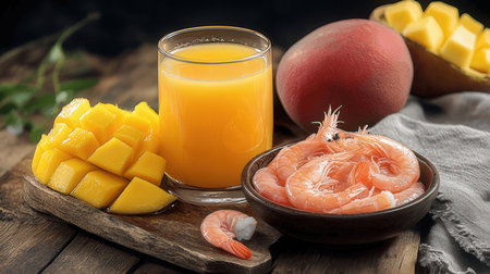 Fresh mango smoothie with mango on wooden backgroundの素材