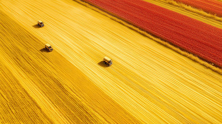 Combine harvester working on a large field of wheat.の素材