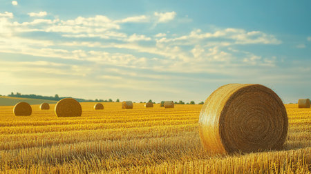 Straw bales on the field. Agricultural landscape with blue skyの素材