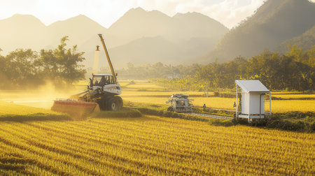Combine harvester working on rice field at sunset in Thailandの素材